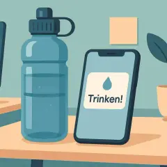 Eine Wasserflasche und ein Smartphone mit der Aufschrift "Trinken!" stehen auf einem Schreibtisch. Perfekt für das Trinken beim Joggen.