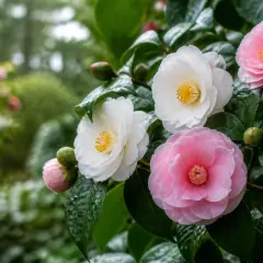Fleurs de camélia roses et blanches épanouies dans une plantation. Les feuilles vertes et humides entourent les bourgeons.