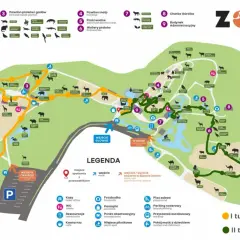 Mapa zoo w Gdańsku z zaznaczonymi pawilonami zwierząt, wejściami, wyjściami i legendą.
