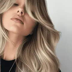 Kobieta z falowanymi, blond włosami i cieniowaną grzywką na boki. Delikatny makijaż ust podkreśla jej urodę.