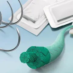 Aiguilles chirurgicales et fil de suture non résorbable, prêt à rester dans la plaie pour une guérison optimale.