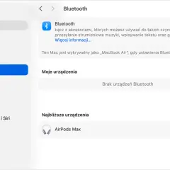 Ustawienia Bluetooth na Macu, pokazujące jak podłączyć słuchawki Apple AirPods Max do laptopa.