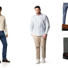 Dos hombres modelan vestimenta business casual: uno con camisa beige y jeans, otro con camisa a rayas y pantalones caqui.