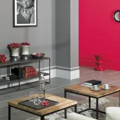 Nowoczesny salon z szarymi ścianami, na których wiszą czarno-białe zdjęcia. Obok, jaskrawoczerwona ściana z dekoracjami. To dowód, jakie kolory pasują do szarego.