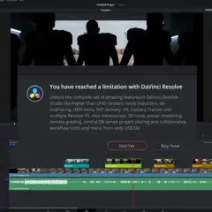 DaVinci Resolve free vs paid: A pop-up shows limitations in the free version, prompting an upgrade to unlock advanced features for US$299.