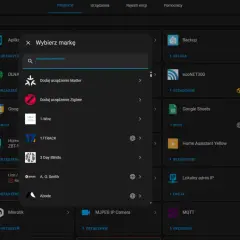 Wybieranie integracji w Home Assistant. Widoczna lista zawiera opcje dodawania urządzeń, w tym **tech sterowniki** dla Matter i Zigbee.