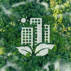 Edilizia sostenibile: palazzi stilizzati emergono da una foresta lussureggiante, con un sole e foglie a simboleggiare armonia con la natura.