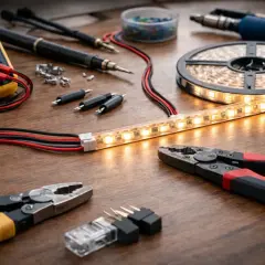 Narzędzia do elektryki i taśma LED na drewnianym blacie. Multimetr, lutownica, szczypce i złączki pokazują, jak podłączyć ledy do zasilacza.