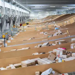 Arbeiter sortieren Pakete in einem riesigen DHL-Zentrallager. Zahlreiche Pakete liegen auf Förderbändern und in Regalen.
