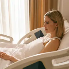 Kobieta leży w szpitalnym łóżku, otulona białym pościelą. Jej komfort zapewnia specjalny materac antyodleżynowy.