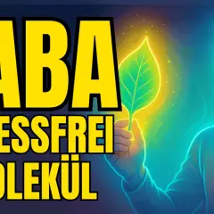 Mann hält leuchtendes Blatt, "GABA STRESSFREI MOLEKÜL" groß geschrieben. Richtige GABA Dosierung für Entspannung.