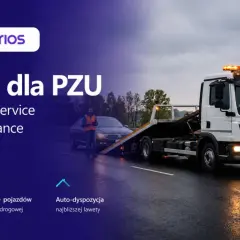 PZU Pomoc w drodze: laweta holuje auto na drodze. Usługa Geoservice dla sieci assistance w całej Polsce.
