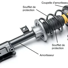 Amortisseur avec coupelle d'amortisseur, soufflet de protection et butée. Pièce mécanique essentielle pour le bon fonctionnement du véhicule.