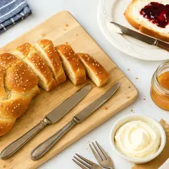 Pane intrecciato dorato con semi di sesamo, affettato su un tagliere di legno, pronto per essere gustato con marmellata e burro.