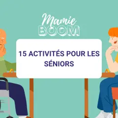 Un homme en fauteuil roulant et une jeune femme pensifs, devant un panneau "15 activités pour les seniors", suggérant la stimulation cognitive.