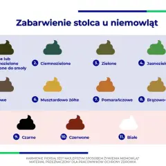Co oznacza zielona kupa u niemowlaka? Ilustracja pokazuje różne kolory stolca, od czarnego po biały, w tym odcienie zieleni.