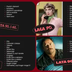 Kolaż z kadrów filmowych Władysława Pasikowskiego: "Popiół i diament", "Miś", "Rejs", "Kroll".
