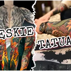 Męskie tatuaże na udzie: skrzydła anioła, czaszki, smoki i symbol Batmana.