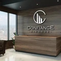 Nowoczesne biuro z logo "CONFIANCE FINANSE", kanapą i widokiem na miasto.