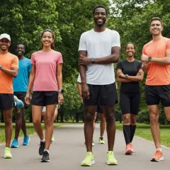 Grupa biegaczy w sportowych strojach, idealnych do biegania. Wygodne spodenki i koszulki zapewniają komfort podczas treningu.