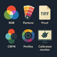 Ikony: RGB, Pantone, Proof, CMYK, Profiles, Calibrated monitor. Kluczowe dla jakości wydruku są dpi i ppi.