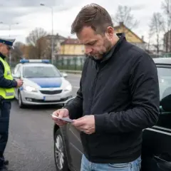 Mężczyzna czyta mandat, policjant stoi obok radiowozu. Prawdopodobnie czeka go zatrzymanie prawa jazdy za prędkość.