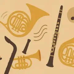 Instrumenty dęte drewniane: flet, klarnet, saksofon, trąbka i dwa rogi.