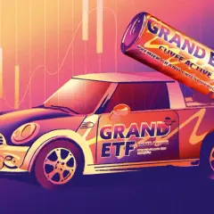 Ein Auto mit "GRAND ETF CUVEE ACTIVE" Aufschrift, darauf eine Dose "GRAND ETF". Ein Symbol für aktive ETFs.