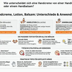 Handcreme, Lotion, Balsam: Unterschiede & Anwendung. Tipps für die richtige Pflege, auch zum Handcreme selber machen.