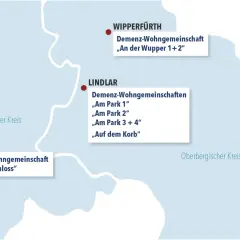 Karte zeigt Demenz-Wohngemeinschaften in Wipperfürth, Lindlar und Bensberg. Informieren Sie sich über Veranstaltungen heute im Oberbergischen Kreis.