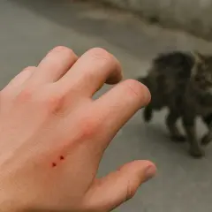 Mano con dos pequeñas heridas rojas, evidencia de una mordedura de gato. El felino se aleja desenfocado al fondo.