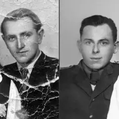 Przed i po retuszu starych zdjęć online. Para na zniszczonym i odnowionym portrecie.