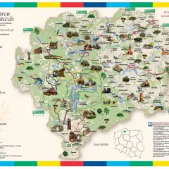 Mapa turystyczna Kaszub z zaznaczonymi szlakami rowerowymi, kajakowymi i pieszymi. Idealna trasa dla miłośników aktywnego wypoczynku.