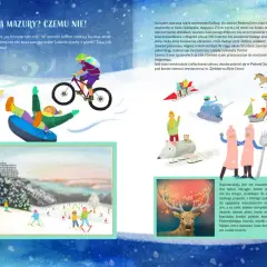 Ilustracja przedstawia zimowe aktywności na Mazurach: snowboardzistę, rowerzystę górskiego, saneczkarzy i narciarzy.
