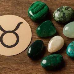 Symbol byka i kolekcja zielonych, białych i turkusowych kamieni. Idealne kamienie dla byka, by wzmocnić jego siłę i stabilność.
