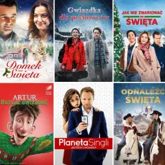 Kolaż plakatów filmów świątecznych: "Święta inaczej", "Domek na Święta", "Gwiazdka dla pechowców", "Jak nie zwariować w Święta", "Miłość jest wszystkim", "Listy do M2", "Artur ratuje gwiazdkę", "Planeta Singli", "Odnaléźć Święta", "Piosenka na Święta".