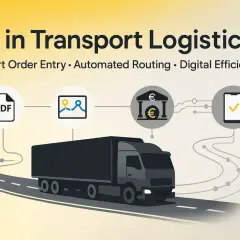 Sztuczna inteligencja w logistyce usprawnia wprowadzanie zamówień (PDF), optymalizuje trasy (mapa) i zarządza finansami (bank), co widać na przykładzie ciężarówki.