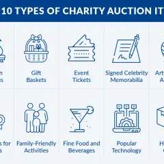 Top 10 charity auction items, including vacation packages, gift baskets, event tickets, signed memorabilia, artwork, certificates, family activities, food, technology, and high-end goods, perfect for donations.