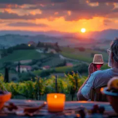 Uomo con bicchiere di vino rosso ammira tramonto su vigneti, pensando alle migliori annate Masseto.