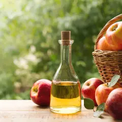 Flasche mit Apfelessig und Äpfeln, die für einen gesunden Darm stehen.