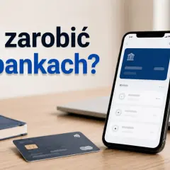 Jak zarobić na bankach? Smartfon z aplikacją bankową, karta płatnicza i notatnik na biurku sugerują strategie finansowe.