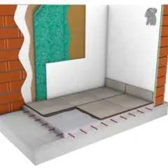 Corte de pared y suelo mostrando capas de aislamiento térmico, ladrillos, yeso y baldosas. Un sistema que garantiza el mejor aislante térmico.