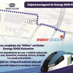 Mapa z trasą pieszą z dworca PKP Katowice do klubu Energy 2000. Dojazd pociągiem z wielu miast.