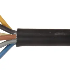 Sześciu żyłowy kabel yky 3x6 z miedzianymi przewodami w izolacjach: żółtej, czarnej, beżowej, brązowej, szarej i niebieskiej.