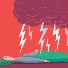 En person ligger ner under en mörk moln som släpper blixtar. Bilden symboliserar neurologiska symtom vid stress.