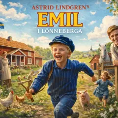 Emil i Lönneberga springer glatt på gården med en gris och kycklingar. Föräldrarna står vid huset, en häst betar och en flicka springer.