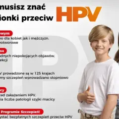 Uśmiechnięci nastolatkowie na tle informacji o szczepieniu na HPV. Dowiedz się 5 faktów o tej bezpiecznej i bezpłatnej profilaktyce.