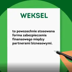Dłoń trzyma pióro nad dokumentem z napisem "WEKSEL". Tekst wyjaśnia, że weksel in blanco to powszechna forma zabezpieczenia finansowego.