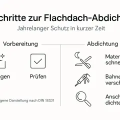 6 Schritte zur Flachdach-Abdichtung: Vorbereitung (Reinigen, Prüfen) und Abdichtung (Material schneiden, Bahnen verschweißen, Anschlüsse dichten). So werden Schrauben am Flachdach abgedichtet.