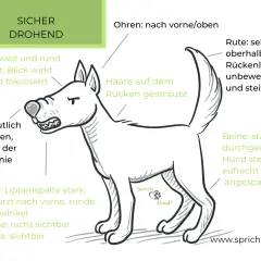 Hund zeigt territoriales Verhalten: aufrechte Haltung, gesträubtes Fell, Zähne gefletscht. Sicher drohend.